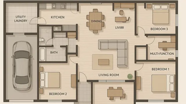 8 Denah Rumah 1 Lantai 3 Kamar Tidur dan Garasi/Ilustrasi Gambar AI
