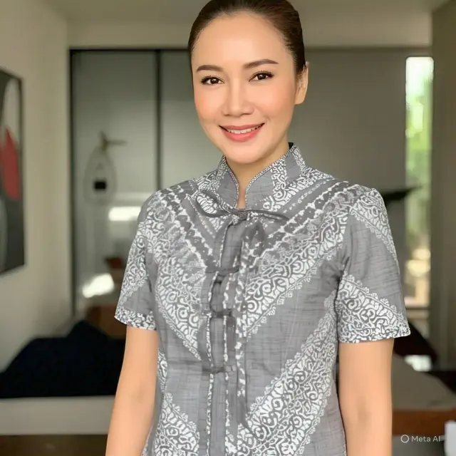 Blouse Batik Abu dengan Aksen Pita di Dada