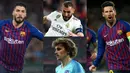 Maski tidak mencetak sebiji gol saat melawat ke kandang Huesca namun bintang barcelona, Lionel Messi tetap berada di puncak daftar pencetak gol La Liga hingga pekan ke-31 (Kolase Foto AFP)