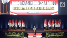 Presiden Joko Widodo memberikan pidato pada Rakornas Indonesia Maju antara Pemerintah Pusat dan Forum Koordinasi Pimpinan Daerah (Forkopimda) di Bogor, Jawa Barat, Rabu (13/11/2019). Forum ini untuk mensinergikan program-program pemerintah pusat dengan daerah. (Liputan6.com/Herman Zakharia)