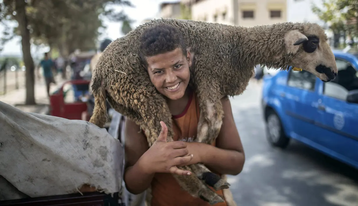 Seorang anak tersenyum setelah membeli seekor domba untuk perayaan Idul Adha di sebuah pasar di pinggiran Rabat, Maroko, Kamis (30/7/2020). (AP Photo/Mosaab Elshamy)