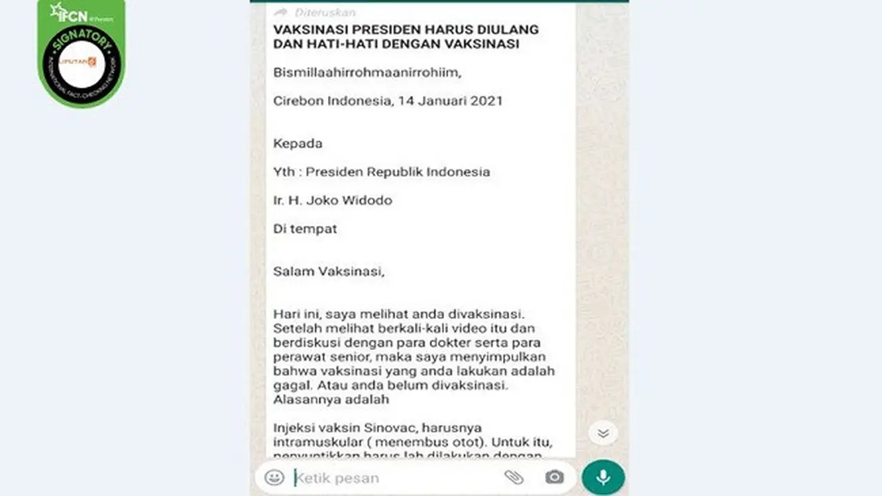 Gambar Tangkapan Layar Klaim soal Vaksinasi yang Dilakukan Presiden Jokowi Gagal dan Harus Diulang (sumbe: WhatsApp)