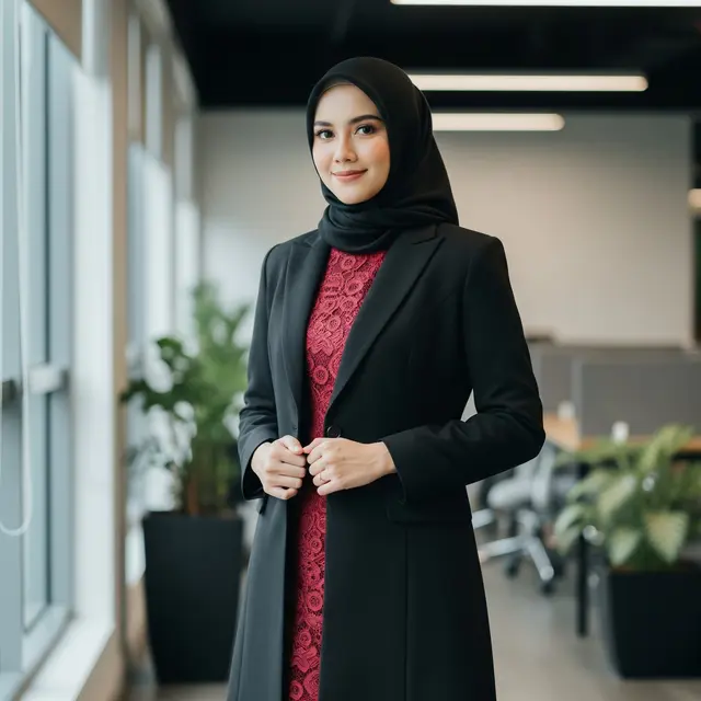 Gamis Kombinasi Blazer dan Brokat Elegan untuk Kerja Formal Muslimah