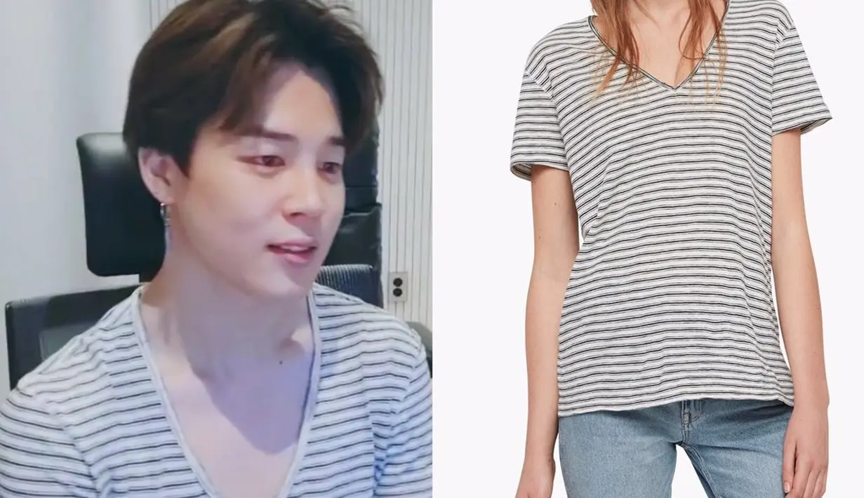Saat melakukan live di aplikasi Vlive, Jimin tampak seksi mengenakan kaos bergaris model krah vneck.  twitter @lovelybangtan
