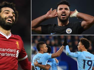 Berikut ini klasemen top scorer Premier League 2017/2018 hingga pekan ke-11 yang dipimpin oleh bintang anyar Liverpool, Mohamed Salah. (Kolase foto-foto dari AFP)