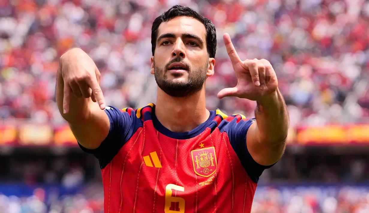 Pemain Spanyol Mikel Merino merayakan gol kedua timnya selama pertandingan perempat final Piala Dunia antara Spanyol dan Belgia di Inglewood, California, dekat Los Angeles, Jumat, 10 Juli 2026. (AP Photo/Mark J. Terrill)