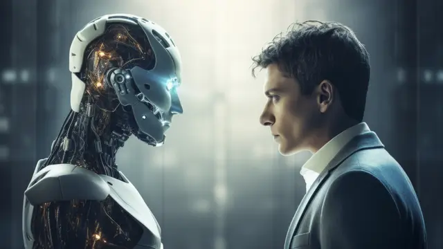 Seorang laki-laki berhadapan dengan sebuah robot (Foto Dok: Freepik/freepik)