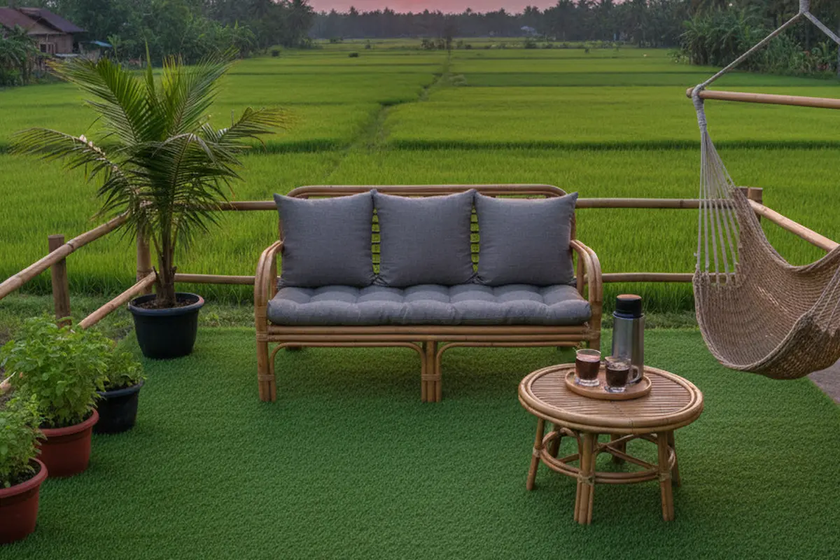 Teras Rumah Nyaman untuk Ngopi dengan View Kebun Hijau. AI