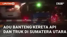 Kecelakaan libatkan kereta api dan truk terjadi di Pasar Bengkel, Sergai, sumatera Utara. Tampak truk yang melintang di rel kereta, tak lama kerepa api melintas dan menabrak truk