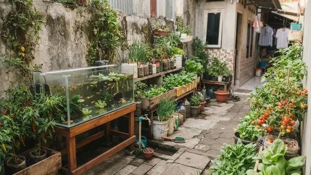 Kolam Ikan dalam Bak Portabel dengan Kebun Sayur di Pot Daur Ulang