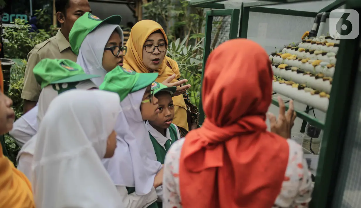 Petugas memberikan penjelasan bercocok tanam metode hidroponik terhadap anak-anak SD Laboratorium Jakarta di Balaikota Farm, Jakarta, Selasa (15/10/2019). Kegiatan belajar di luar ruangan ini untuk mengenal bibit, cara menanam, nutrisi dan media tanam hidroponik. (Liputan6.com/Faizal Fanani)