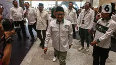 Ketua Umum Partai Kebangkitan Bangsa (PKB), Muhaimin Iskandar saat tiba untuk membuka Musyawarah Kerja Nasional (Mukernas) PKB di Jakarta Convention Center (JCC), Selasa (23/7/2024). (Liputan6.com/Angga Yuniar)