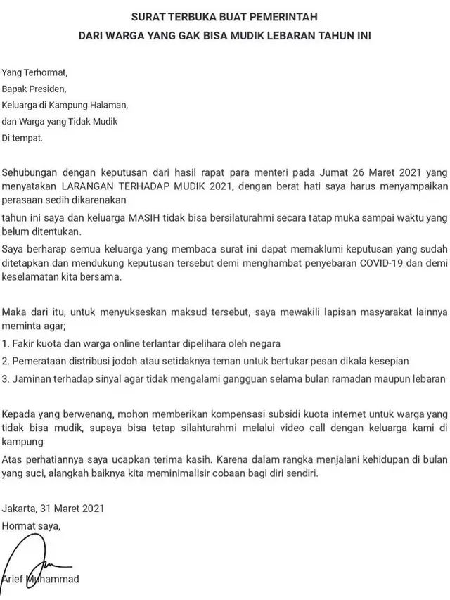 Arief Muhammad Kirim Surat Terbuka untuk Pemerintah Terkait Larangan Mudik Lebaran