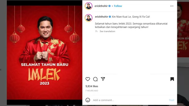 Menteri BUMN Erick Thohir mengucapkan Selamat Tahun Baru Imlek 2023.