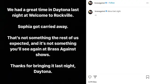 Unggahan Brass Against mengenai insiden di festival Welcome To Rockville. (Instagram/ brassagainst)