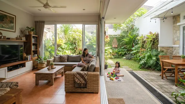 Rumah dengan Half Outdoor Living Room sebagai Tren Baru untuk Iklim Tropis Model Menghadap Halaman Belakang