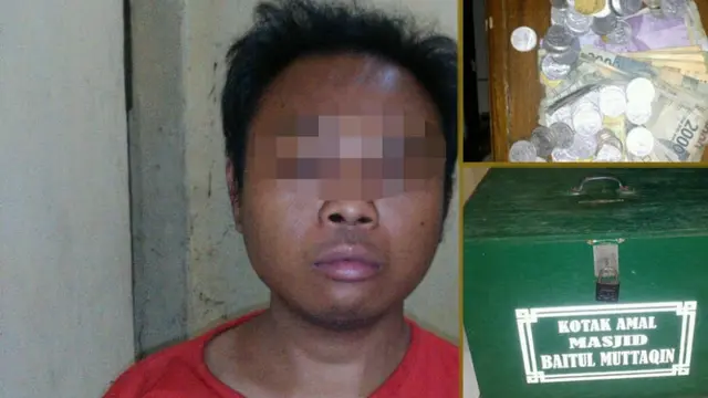 Kolase maling kotak amal di Pemalang yang tertangkap ketika membuka kota amal di kamar mandi. (Foto: Liputan6.com/Polres Pemalang/Muhamad Ridlo)