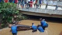 Satgas Banjir DPUPR Kota Depok mengevakuasi batang pohon yang menutup aliran kali di Kecamatan Pancoran Mas, Kota Depok. (Istimewa)