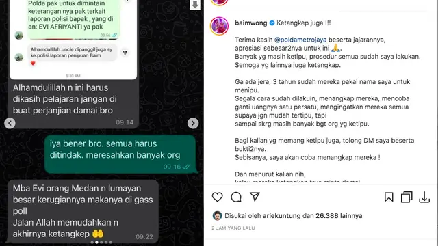 Baim Wong Umumkan Pelaku Penipuan yang Mencatut Namanya Sudah Tertangkap, Tegaskan Masih Terus Buru Pelaku Lain dan Tolak Jalan Damai