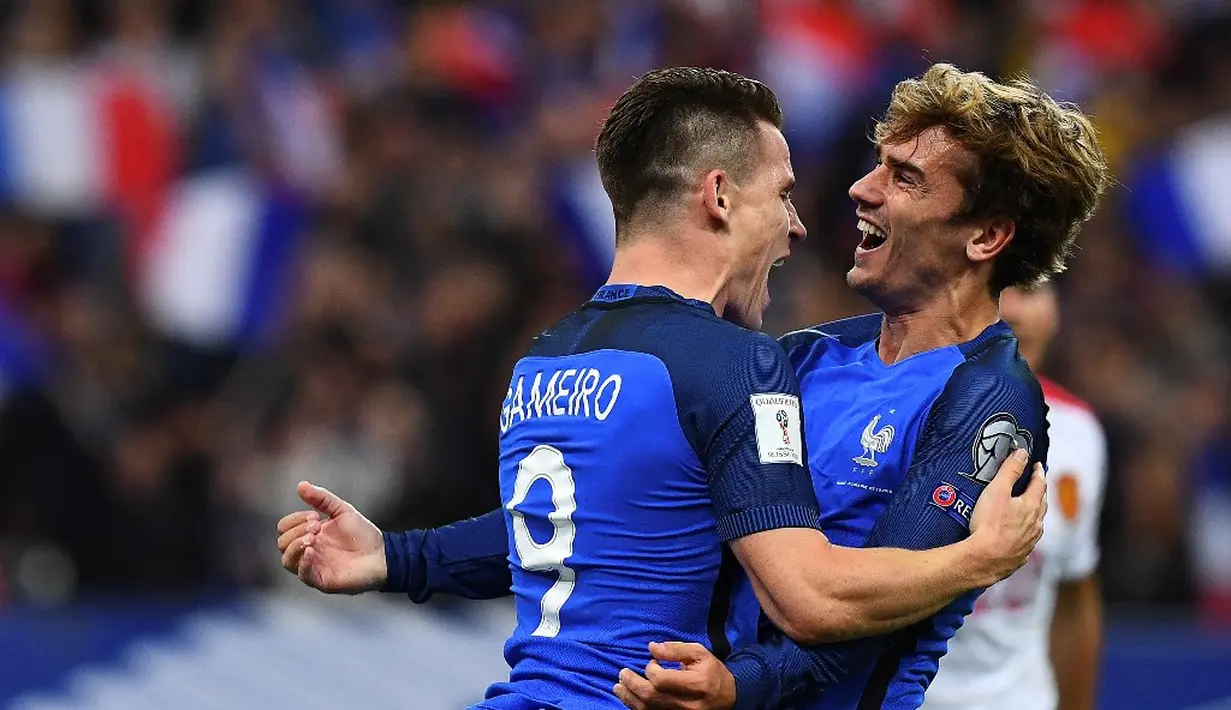 Prancis menekuk Bulgaria dengan skor 4-1 pada laga lanjutan Grup A Kualifikasi Piala Dunia 2018, di Stadion Stade de France, Sabtu (8/10/2016) dini hari WIB. Kevin Gameiro dan Antoine Griezmann menyumbang gol. (AFP/Franck Fife)