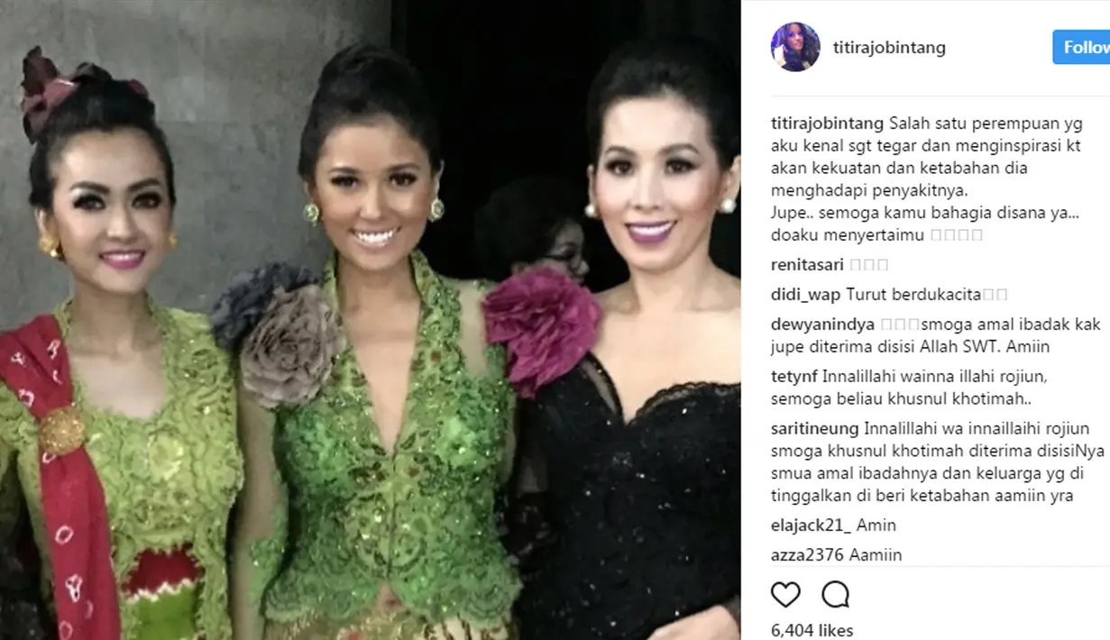 Musisi Titi Rajo saat bersama Julia Perez. Titi Rajo mengunggah status di Instagramnya. Jupe.. semoga kamu bahagia disana ya... doaku menyertaimu. (Instagram/titirajobintang)