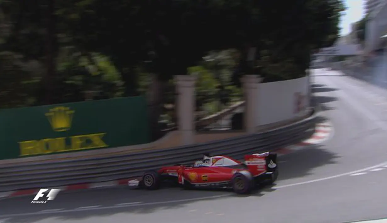 Pebalap Sebastian Vettel (Ferrari) juga mengalami insiden pada sesi latihan kedua ajang F1 GP Monaco, Kamis (26/5). Mobilnya mengalami kerusakan dan dia harus kembali ke garasi. (twitter.com/F1)