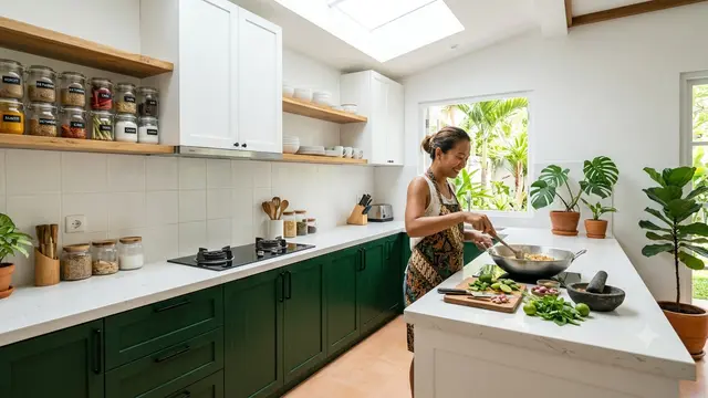Inspirasi Dapur Bergaya Tropical Minimalist yang Bikin Suasana Masak Terasa Segar Seperti di Resort Model Dominasi Warna Hijau Daun dan Putih