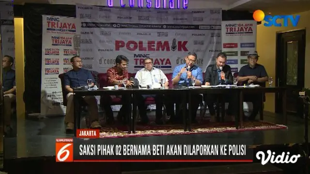 TKN Jokowi-Ma’ruf berencana laporkan saksi paslon 02 bernama Beti Kristiana ke polisi karena dianggap berikan kesaksian palsu.