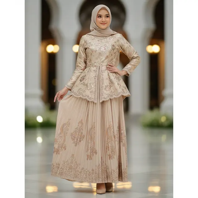 Gamis Batik Brokat Warna Champagne