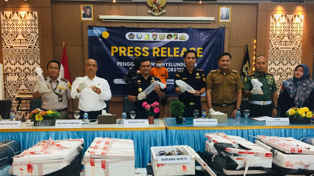 Pengungkapan kasus penyelundupan 60.883 benih bening lobster di Lampung. Foto : (Istimewa).