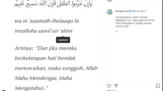 Postingan pemicu isu perceraian yang menerpa pasangan Rey Utami dan Pablo Benua