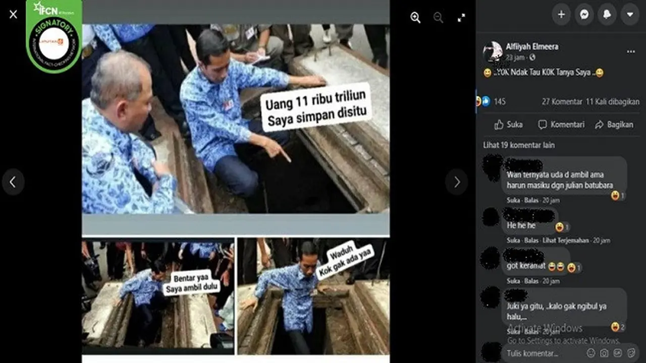 Gambar Tangkapan Layar Foto yang Diklaim Jokowi Simpan Uang Rp 11 Ribu Triliun di Gorong-Gorong (sumber: Facebook).