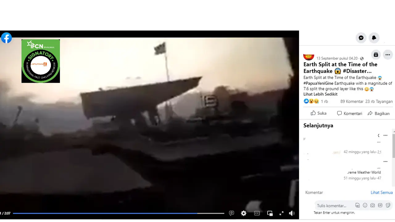 Tangkapan layar klaim video gempa di Papua Nugini dengan magnitudo 7,6