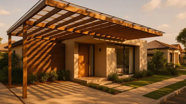 Desain Rumah Minimalis dengan Kanopi Kayu/Ilustrasi gambar oleh AI