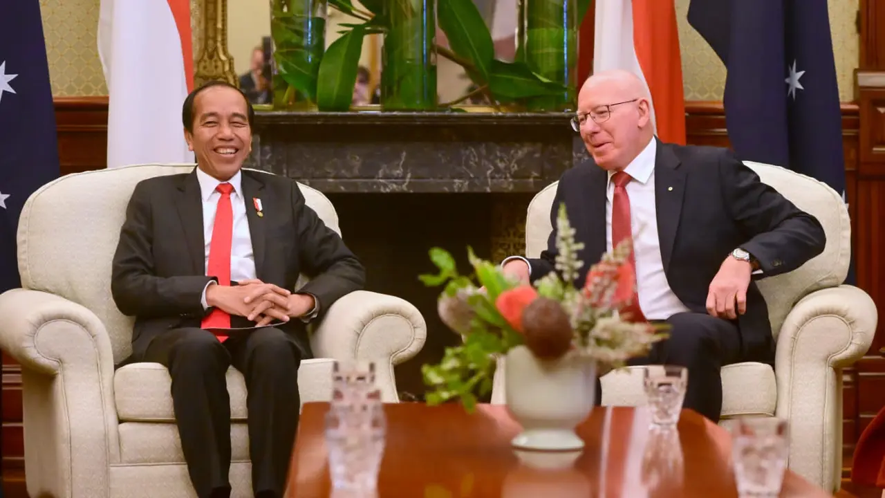Presiden Joko Widodo atau Jokowi melakukan kunjungan kenegaraan kepada Gubernur Jenderal Australia David Hurley di Admiralty House, Sydney, Selasa (4/7/2023).