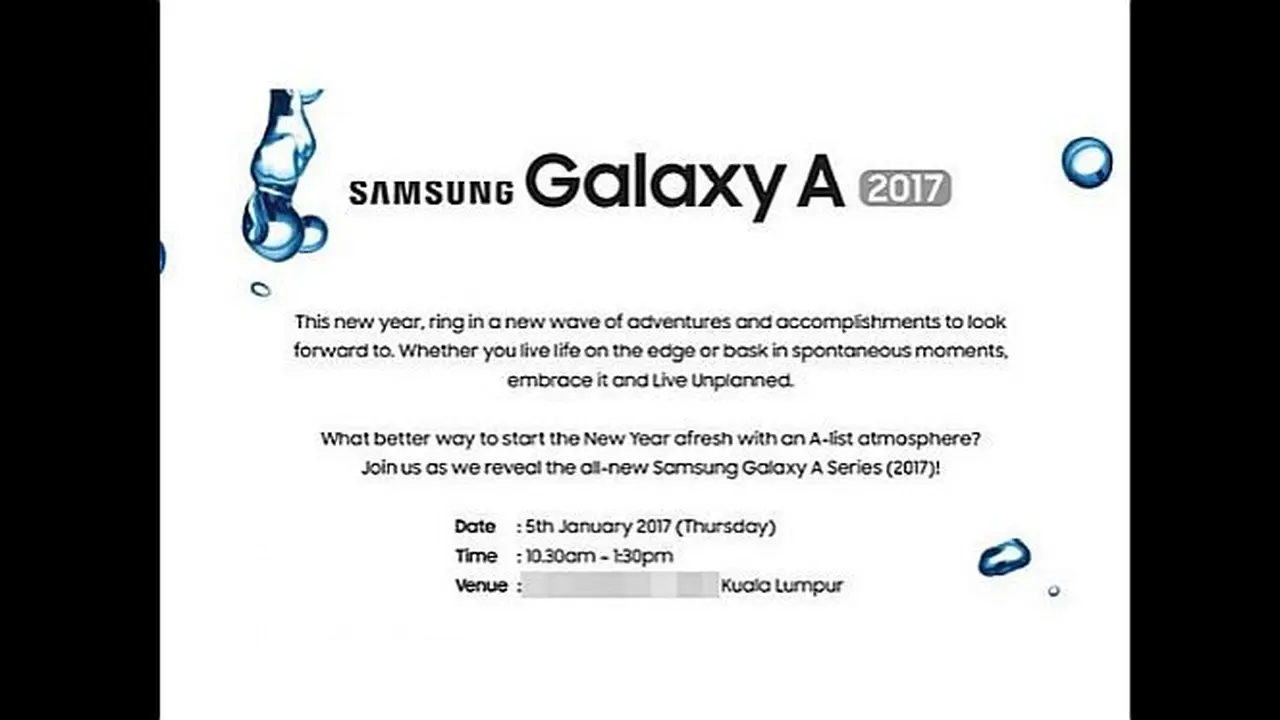 Samsung Malaysia telah menyebar undangan acara peluncuran Galaxy A (2017), yang akan digelar pada 5 Januari (2017)