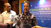 Menteri Kelautan dan Perikanan (KKP) Sakti Wahyu Trenggono di Pertemuan Nasional Pembangunan Perikanan Budidaya Berbasis Ekonomi Biru, di Jakarta, Senin (18/12/2023). Menteri Trenggono buka suara soal perkembangan Starlink. (Tira/Liputan6.com)