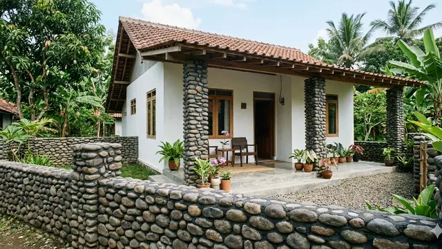 Inspirasi Teras Rumah Desa dengan Batu Alam yang Awet Bertahun-tahun. Gemini