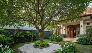 desain kebun rumah tropis di halaman depan yang mudah dirawat. Foto: Gemini