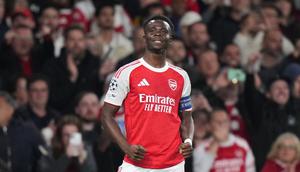 Selebrasi Bukayo Saka dalam laga Arsenal vs Atletico Madrid di leg kedua semifinal Liga Champions 2025/2026, Rabu (6/5/2026). (AP Photo/Alastair Grant)