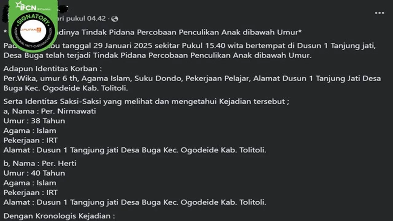Gambar tangkapan layar kabar tentang terjadinya aksi penculikan anak di Desa Buga, Kabupaten Tolitoli, Sulawesi Tengah. (sumber: Facebook)