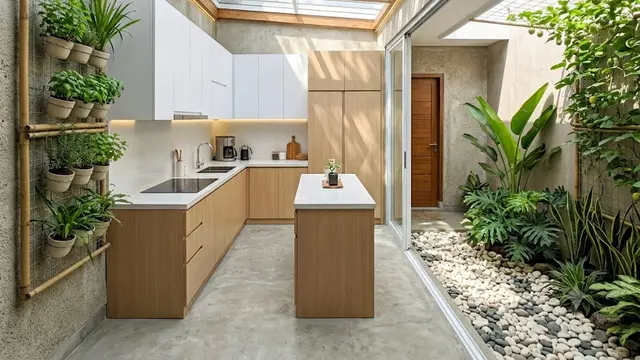 Dapur Letter L dengan Skylight dan Vertical Garden