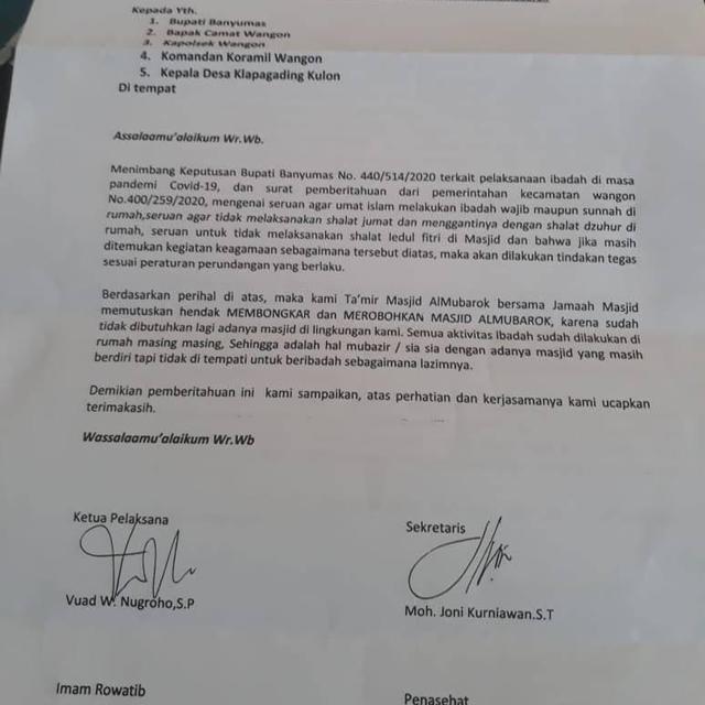 Respons Bupati Banyumas Perihal Takmir Ancam Robohkan Masjid Gara Gara Larangan Berjemaah Regional Liputan6 Com
