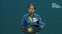 Presiden Joko Widodo (Jokowi) dalam sambutannya di BNI Investor Daily Summit 2024, di JCC, Jakarta, Selasa (8/10/2024). (Tira/Liputan6.com)