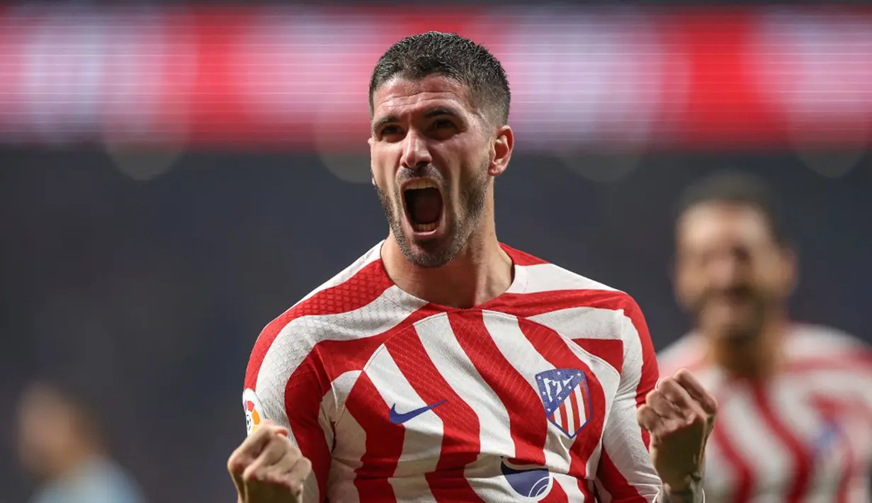 Pemain Atletico Madrid Rodrigo De Paul melakukan selebrasi usai mencetak gol ke gawang Celta Vigo pada pertandingan sepak bola Liga Spanyol di Stadion Wanda Metropolitano, Madrid, Spanyol, 10 September 2022. Atletico Madrid menang 4-1. (Thomas COEX/AFP)