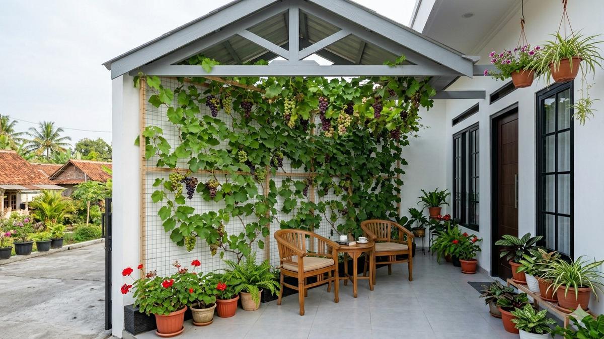 7 Model Teras Rumah Sederhana dengan Dinding Hijau dari Tanaman Buah Merambat