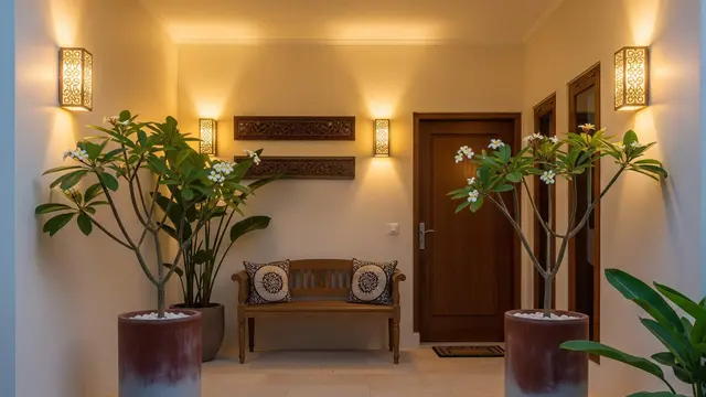 Model Teras Depan Rumah dengan Pohon Kamboja Bikin Nuansa Bali