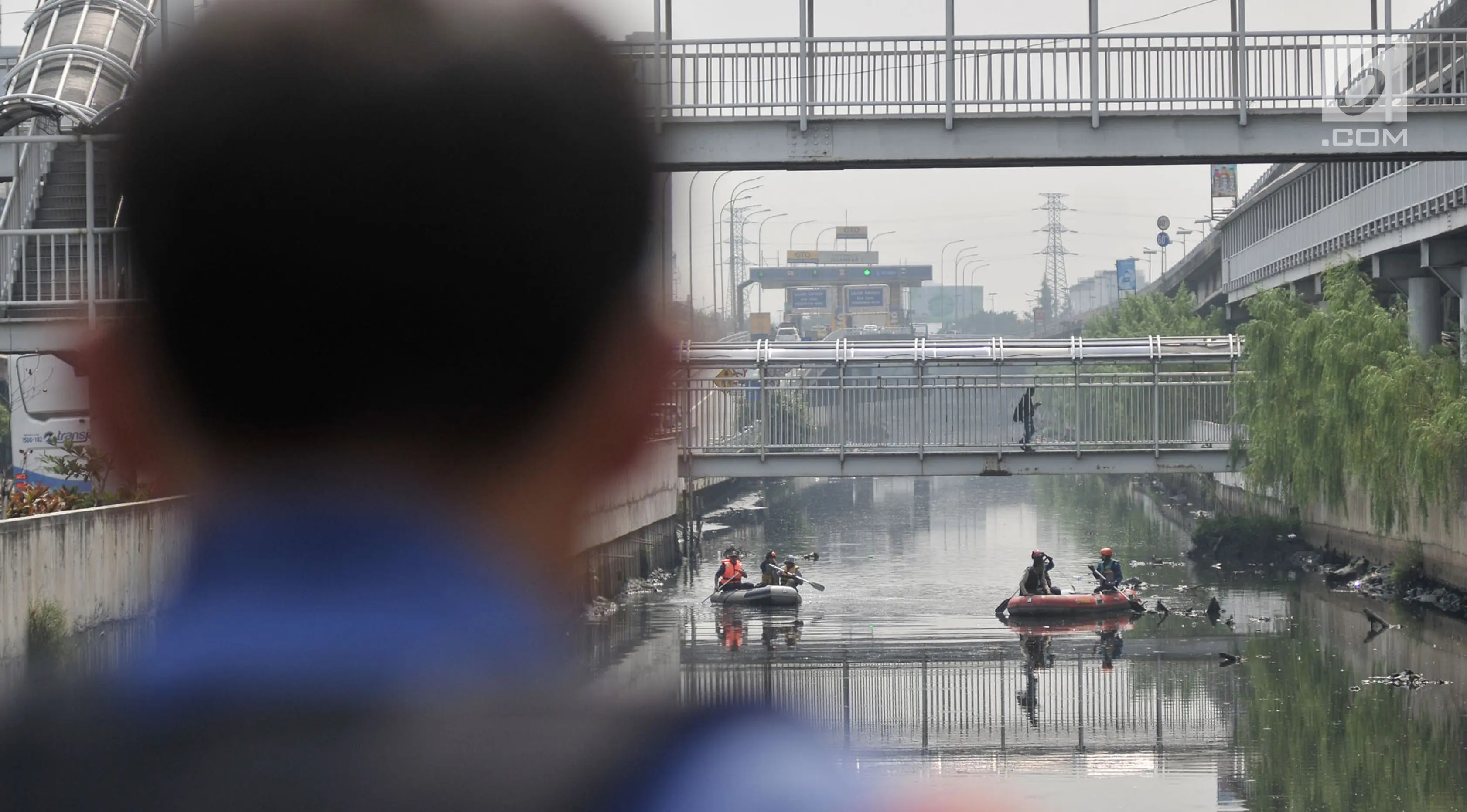 Tim gabungan menyusuri Kali Grogol untuk melakukan pencarian buaya di Jakarta Barat, Kamis (28/6). Sedikitnya, 24 personil gabungan dari Pemadam Kebakaran dan Kementerian Lingkungan Hidup dan Kehutanan. (Merdeka.com/Iqbal S. Nugroho)