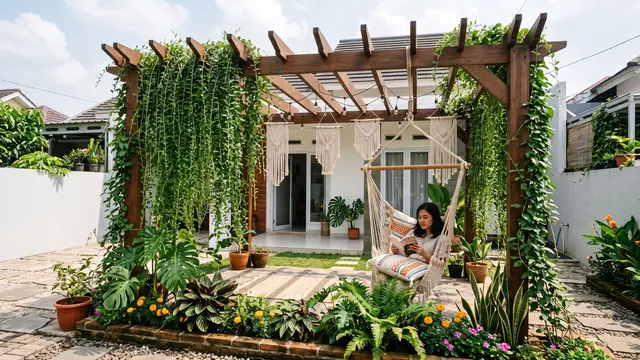 Ide Halaman Belakang dengan Pergola dan Taman Mini