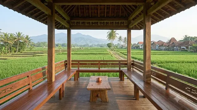 Pendopo Kayu Menghadap Sawah atau Halaman Hijau